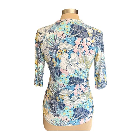 Cabi Style 401 Blue Floral Faux Wrap Top Ruched Sides V-neck LARGE Spring - Picture 3 of 8